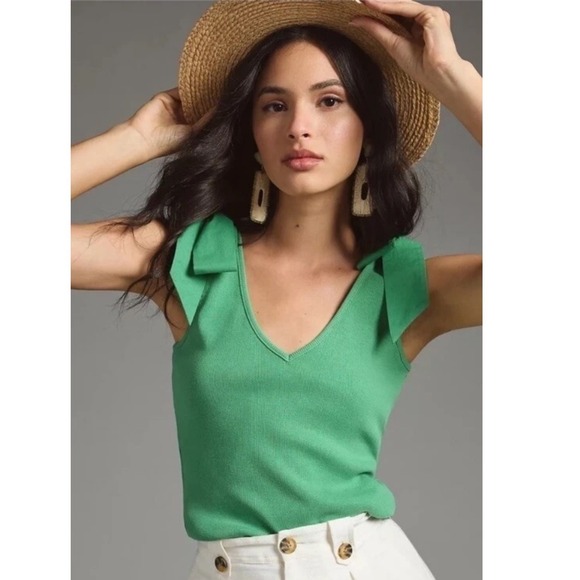 Maeve Tops - Maeve Anthropologie Green Ribbed Bow‎ Shoulder V-Neck Tank Top Large NEW